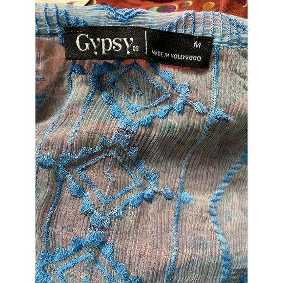 Gypsy 05 Blue Boho 100% Silk Fully Embroidered Back Sheer Tunic Blouse Size M - Picture 4 of 5